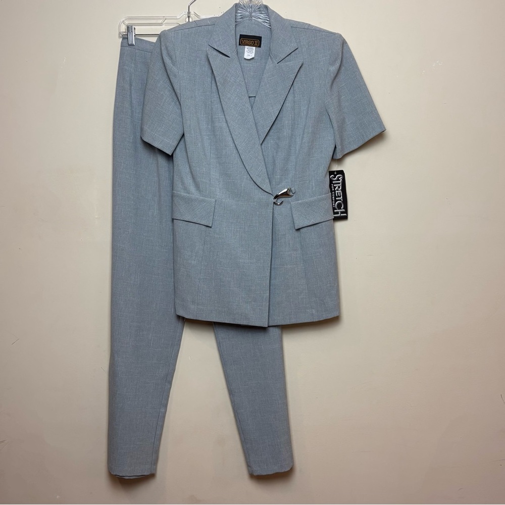 Vtg Virgo II Grey Pants Suit Set Wrap Short Sleeve Blazer‎ Elastic Waist Sz 8